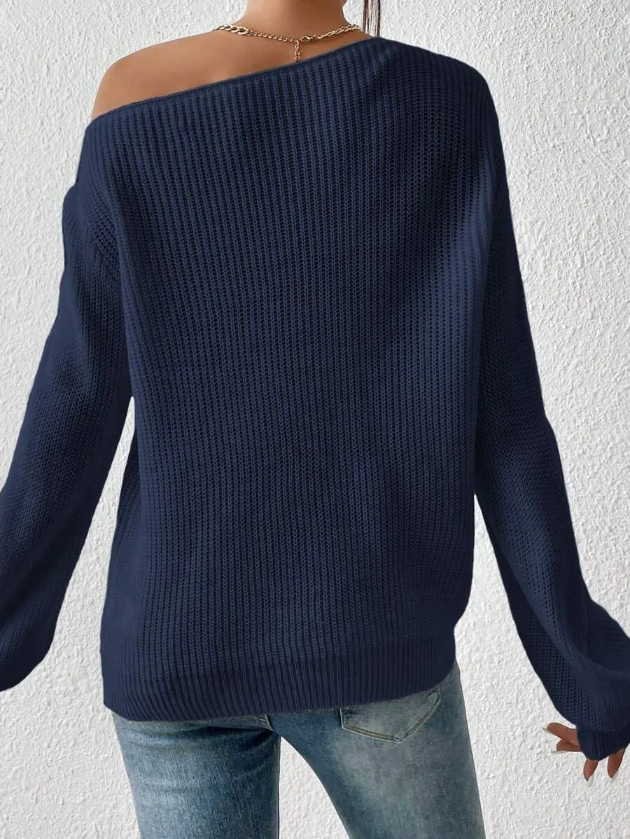 SKAYS Womens Off The Shoulder Sweater Asymmetrical Neck Fall Ribbed Knit Long Sleeve Pullover Sweaters for Women