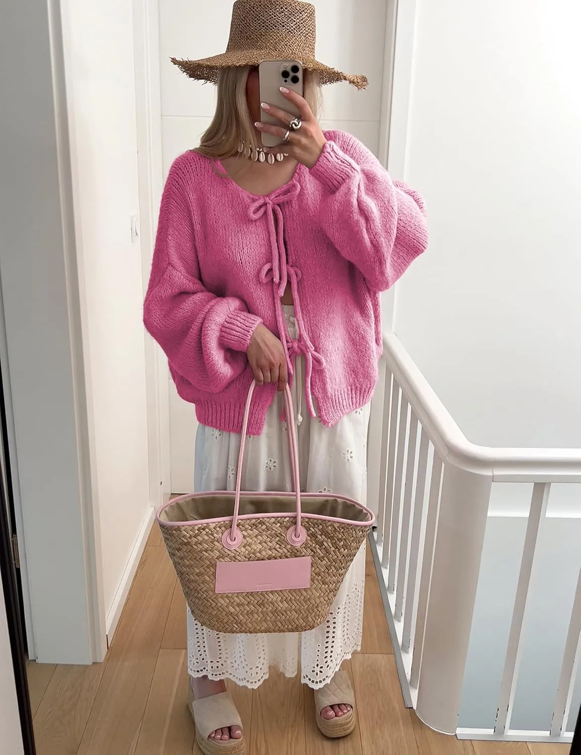 SKIKYAN Women Bowtie Oversized Knit Sweater Cardigan Y2K Long Sleeve V Neck Open Front Casual Knitwears