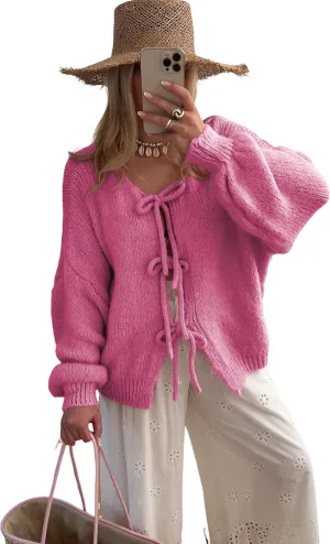 SKIKYAN Women Bowtie Oversized Knit Sweater Cardigan Y2K Long Sleeve V Neck Open Front Casual Knitwears