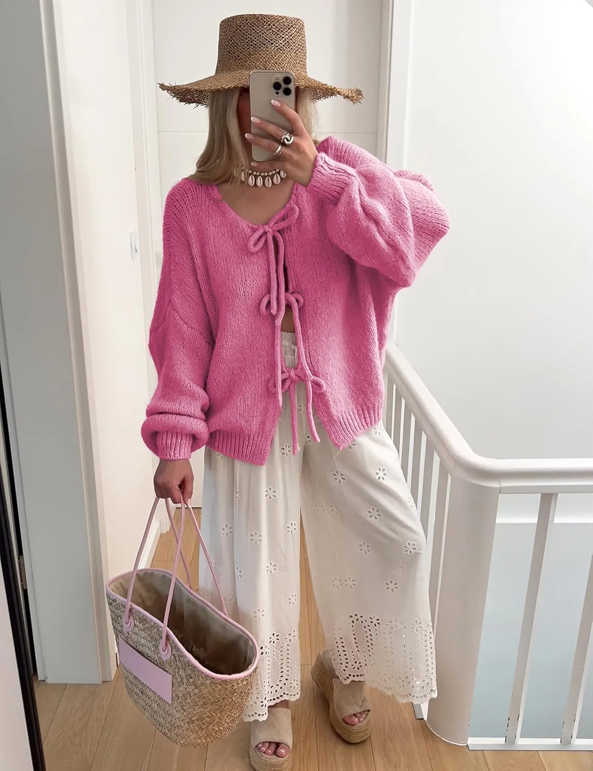 SKIKYAN Women Bowtie Oversized Knit Sweater Cardigan Y2K Long Sleeve V Neck Open Front Casual Knitwears