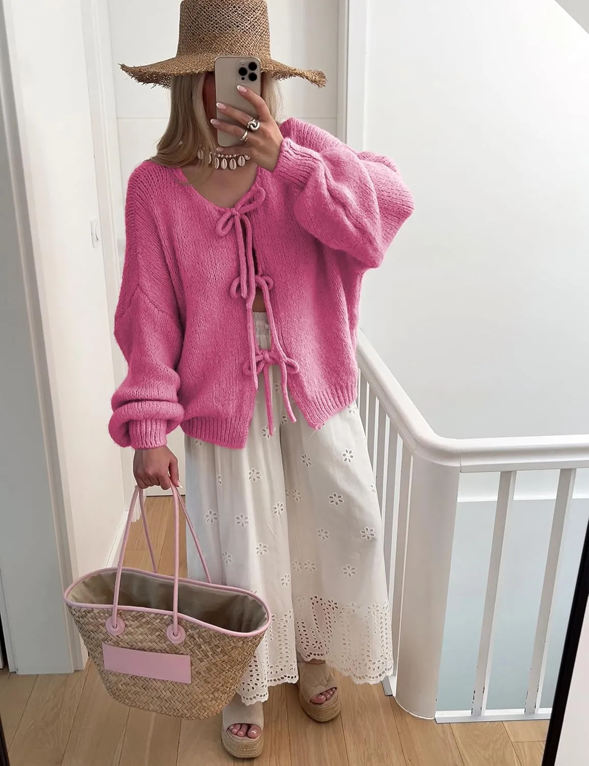 SKIKYAN Women Bowtie Oversized Knit Sweater Cardigan Y2K Long Sleeve V Neck Open Front Casual Knitwears