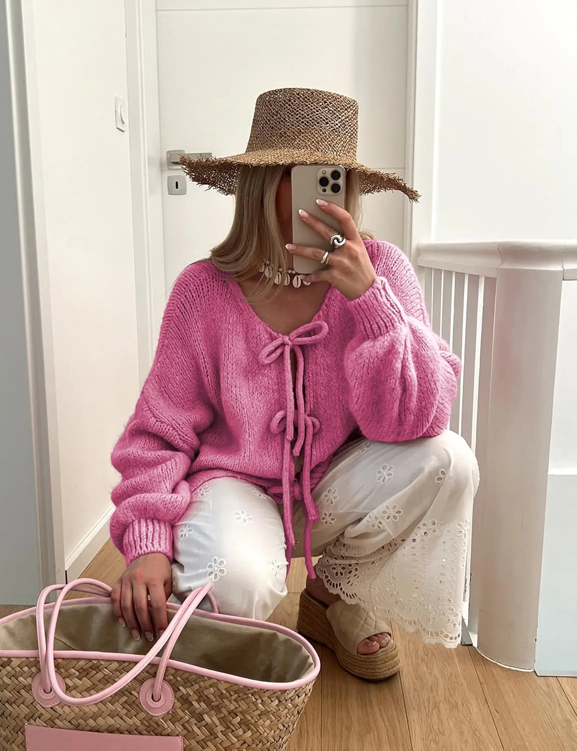 SKIKYAN Women Bowtie Oversized Knit Sweater Cardigan Y2K Long Sleeve V Neck Open Front Casual Knitwears