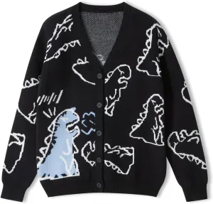 SOLILOQUY Women Cute Dinosaur Sweater Casual Crew Neck Oversized Knitted Pullover Y2K Harajuku Knitwear