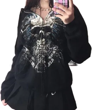 SOLILOQUY Women Zip Up Hoodie Y2k Vintage Graphic Oversized Hooded Sweatshirt Jacket Pullover Coats Harajuku Streetwear