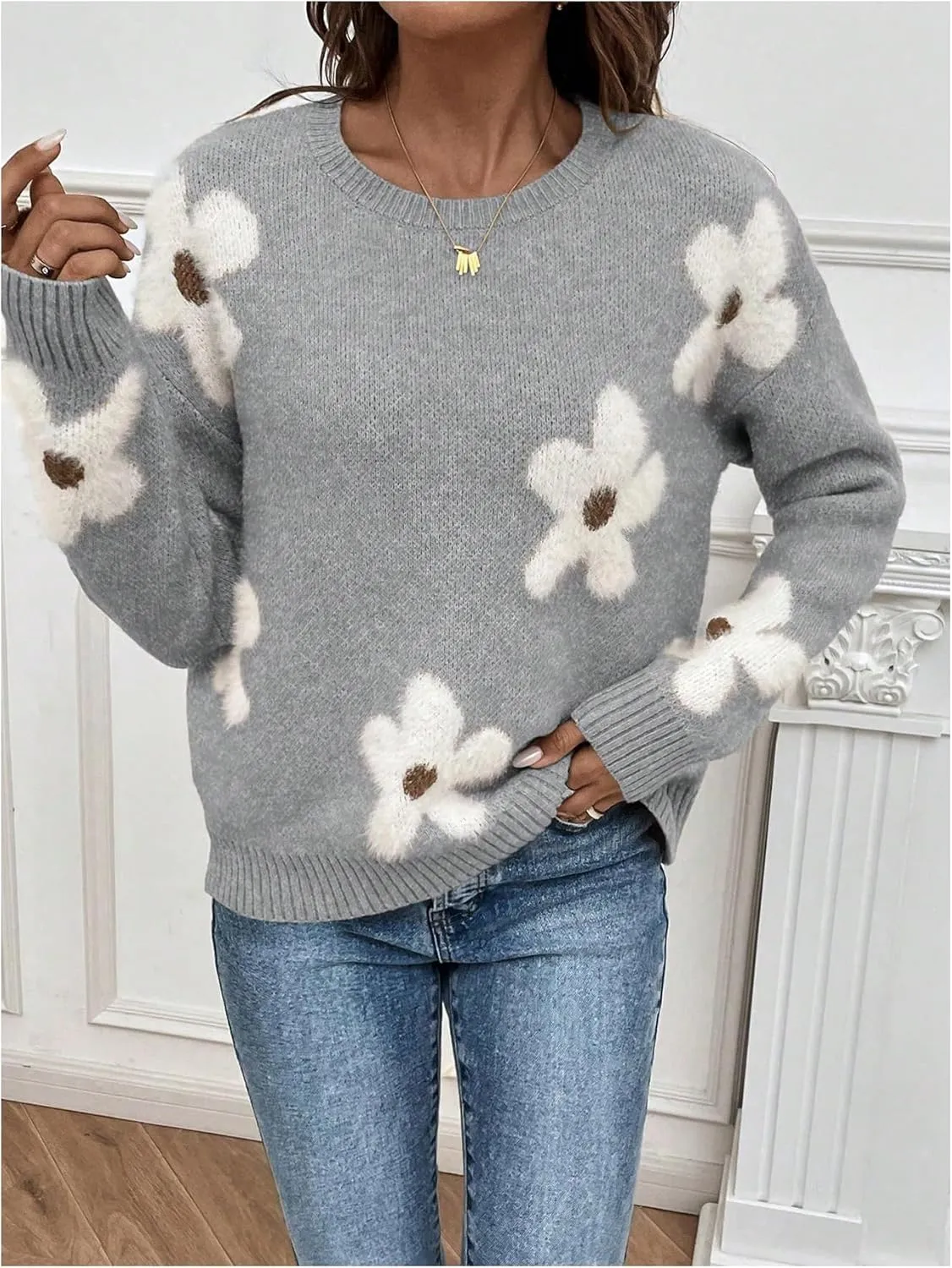 SOLY HUX Women's Floral Sweaters 2024 Fall Winter Crew Neck Pullover Tops Long Sleeve Casual Loose Sweater Knit