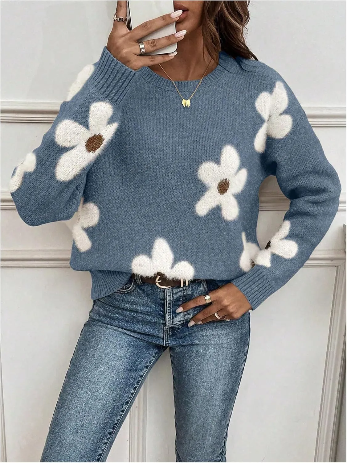 SOLY HUX Women's Floral Sweaters 2024 Fall Winter Crew Neck Pullover Tops Long Sleeve Casual Loose Sweater Knit