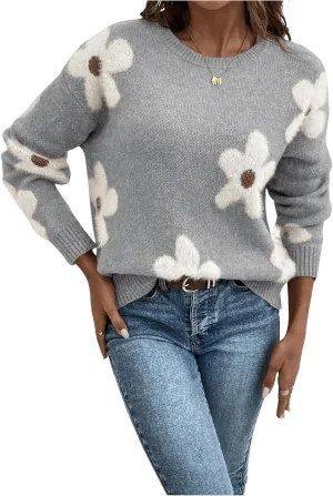 SOLY HUX Women's Floral Sweaters 2024 Fall Winter Crew Neck Pullover Tops Long Sleeve Casual Loose Sweater Knit