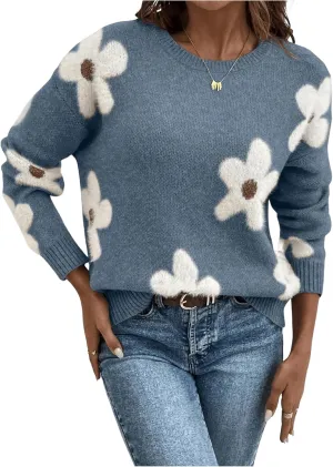 SOLY HUX Women's Floral Sweaters 2024 Fall Winter Crew Neck Pullover Tops Long Sleeve Casual Loose Sweater Knit
