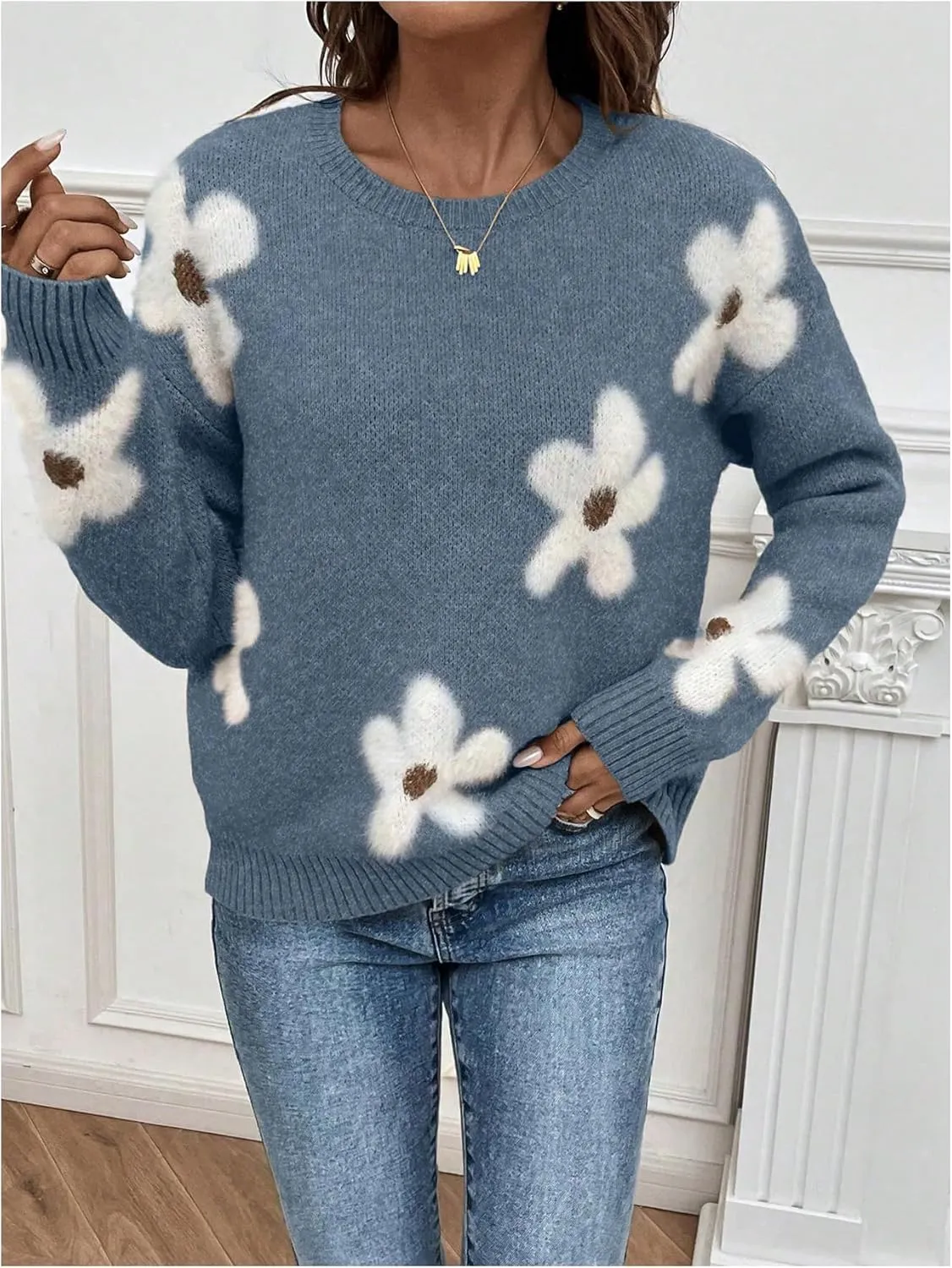 SOLY HUX Women's Floral Sweaters 2024 Fall Winter Crew Neck Pullover Tops Long Sleeve Casual Loose Sweater Knit