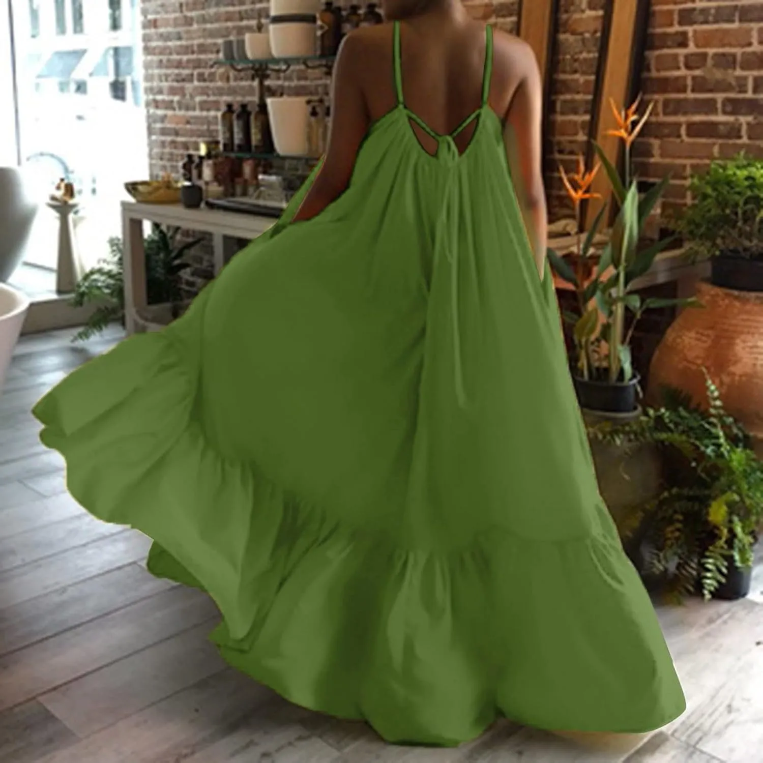 Spaghetti Strap Dresses for Women Plus Size Summer Sleeveless Casual Flowy Boho Dress Ruffle Swing Midi Sundress