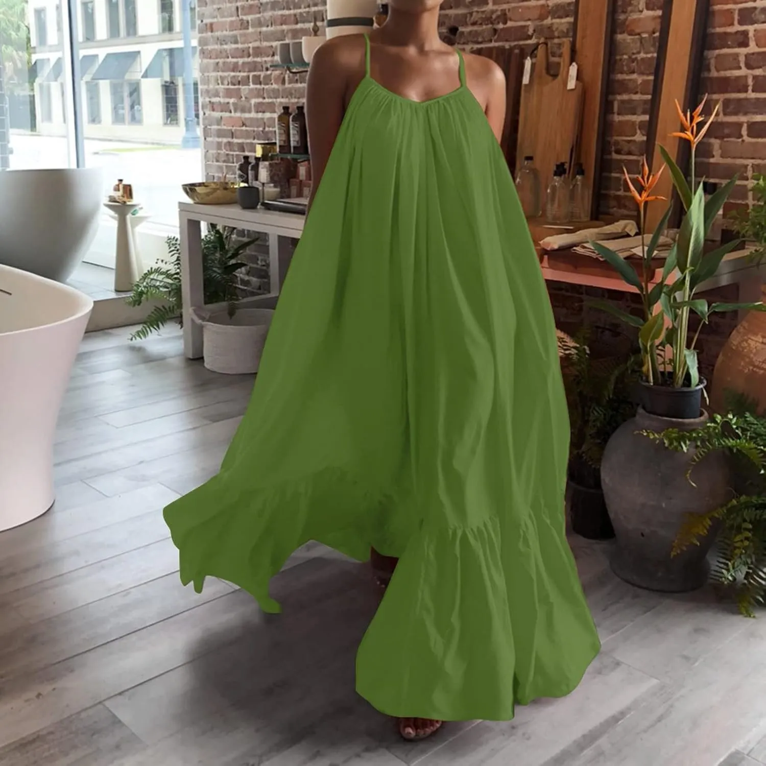 Spaghetti Strap Dresses for Women Plus Size Summer Sleeveless Casual Flowy Boho Dress Ruffle Swing Midi Sundress