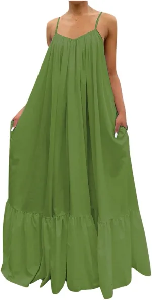 Spaghetti Strap Dresses for Women Plus Size Summer Sleeveless Casual Flowy Boho Dress Ruffle Swing Midi Sundress