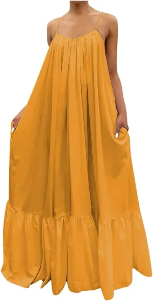 Spaghetti Strap Dresses for Women Plus Size Summer Sleeveless Casual Flowy Boho Dress Ruffle Swing Midi Sundress