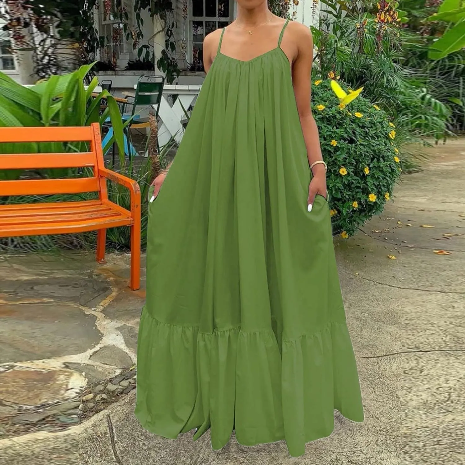 Spaghetti Strap Dresses for Women Plus Size Summer Sleeveless Casual Flowy Boho Dress Ruffle Swing Midi Sundress