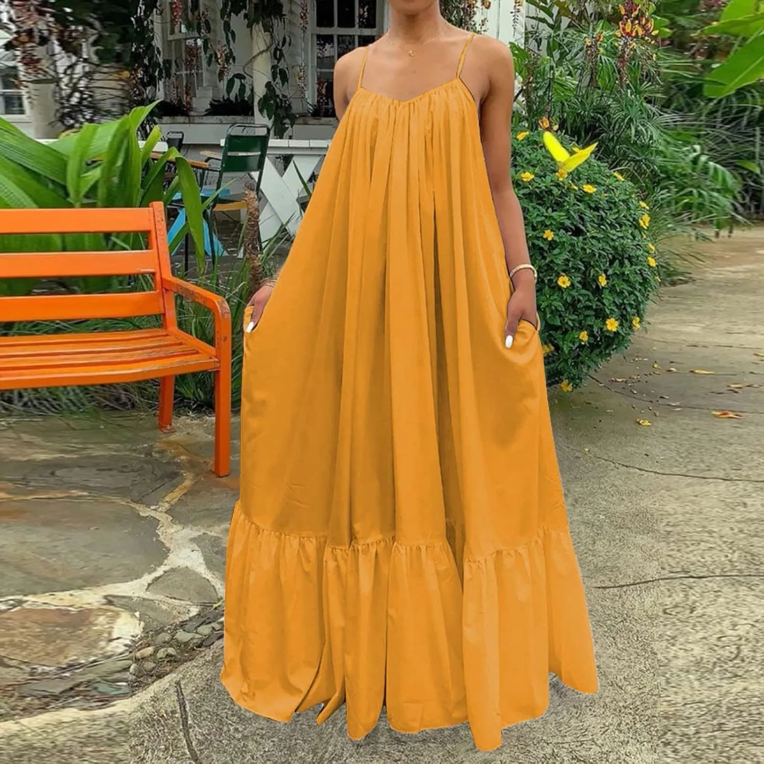 Spaghetti Strap Dresses for Women Plus Size Summer Sleeveless Casual Flowy Boho Dress Ruffle Swing Midi Sundress