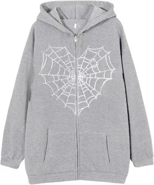 Spider Web Love Heart Hoodie Men Women, Full Zip Up Graphic Print Y2k Hoodies Oversized Jackets