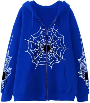 Spider Web Y2K Graphic Zip Up Hoodies Women Oversized Streetshirt E-Girl Long Sleeve Sweatwear Jackets Halloween