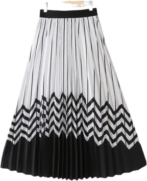 Spring Summer Women's High Waist Midi Skirt Black Striped Aesthetic A-Line Pleated Casual Wear