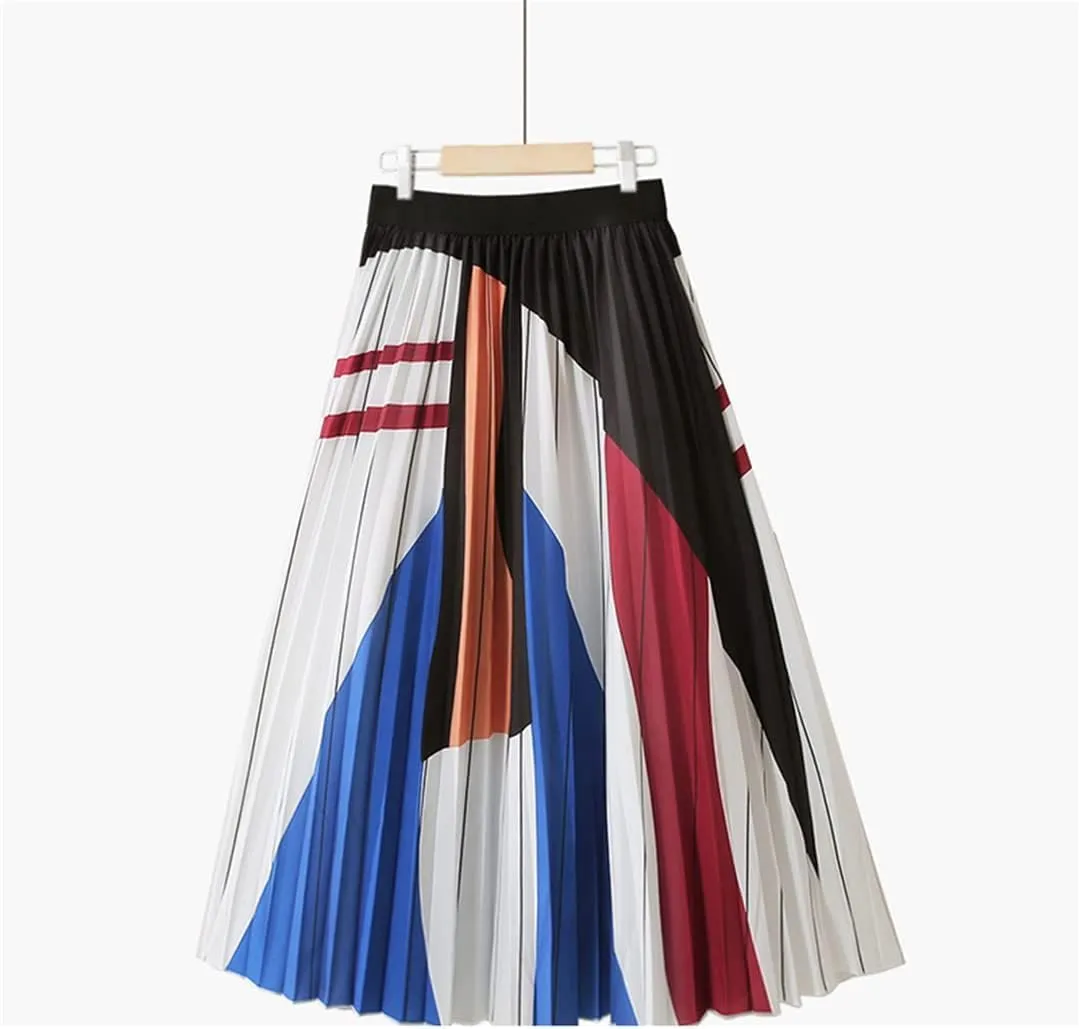 Spring Summer Women's High Waist Midi Skirt Black Striped Aesthetic A-Line Pleated Casual Wear
