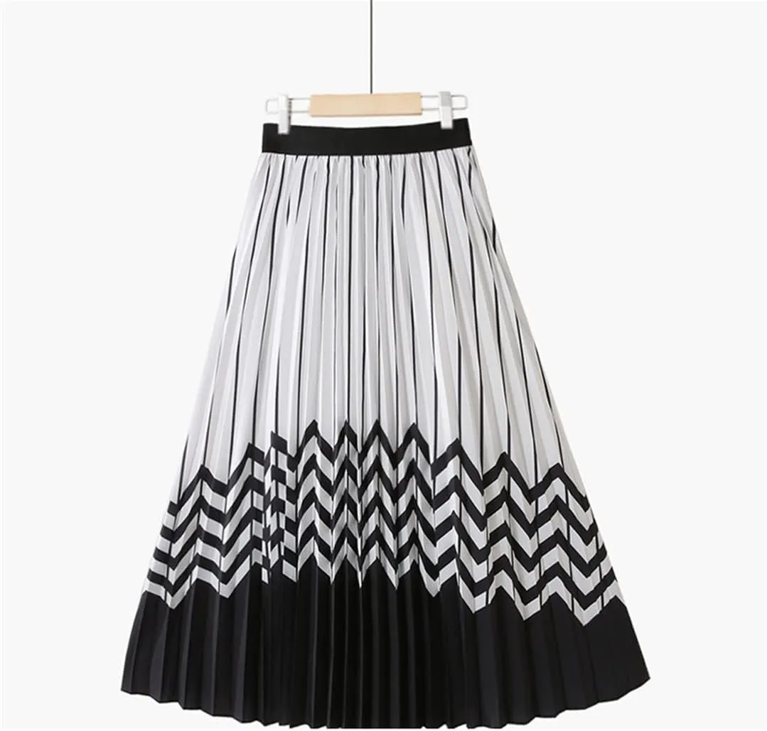 Spring Summer Women's High Waist Midi Skirt Black Striped Aesthetic A-Line Pleated Casual Wear
