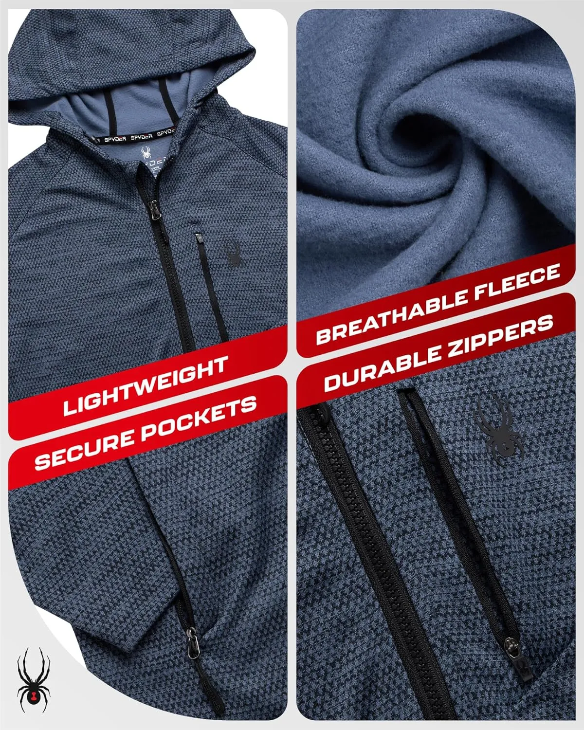 Spyder Men's Active Fleece Hoodie - Performance Mesh Fleece Full Zip Up Sweatshirt with Secure Zip Pockets (Sizes: S-XXL)