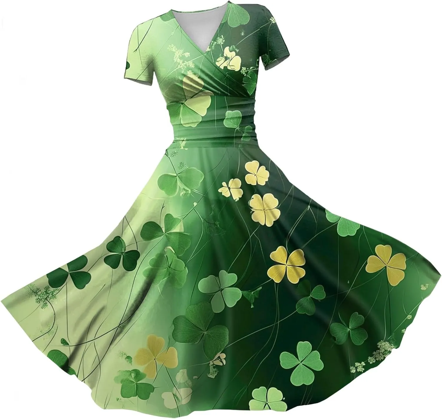 St Patrick's Day Dress Women Loose V Neck Princess Short Sleeve Shamrock Print Pulled Ruffle Waist Drawstring Dresses