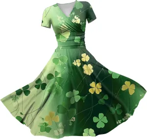 St Patrick's Day Dress Women Loose V Neck Princess Short Sleeve Shamrock Print Pulled Ruffle Waist Drawstring Dresses
