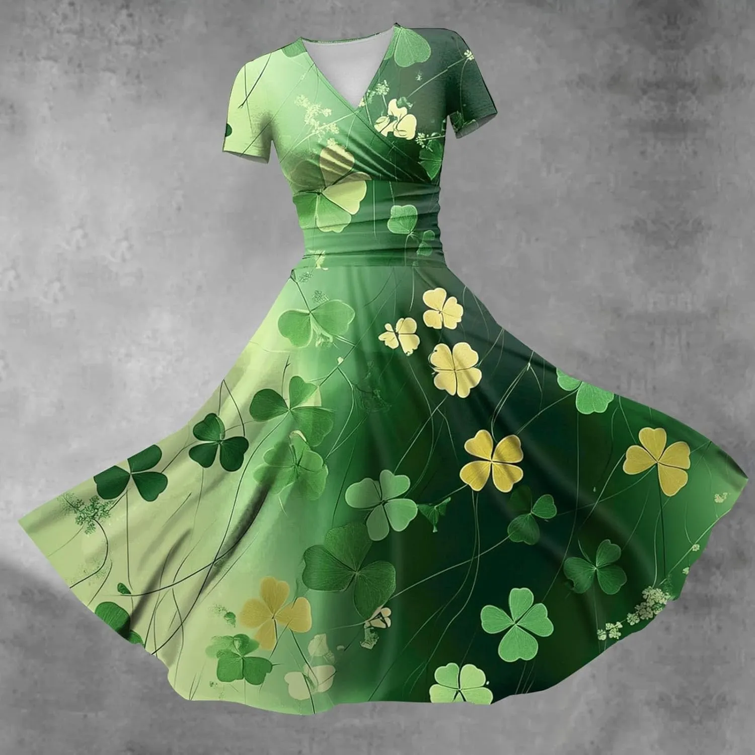 St Patrick's Day Dress Women Loose V Neck Princess Short Sleeve Shamrock Print Pulled Ruffle Waist Drawstring Dresses