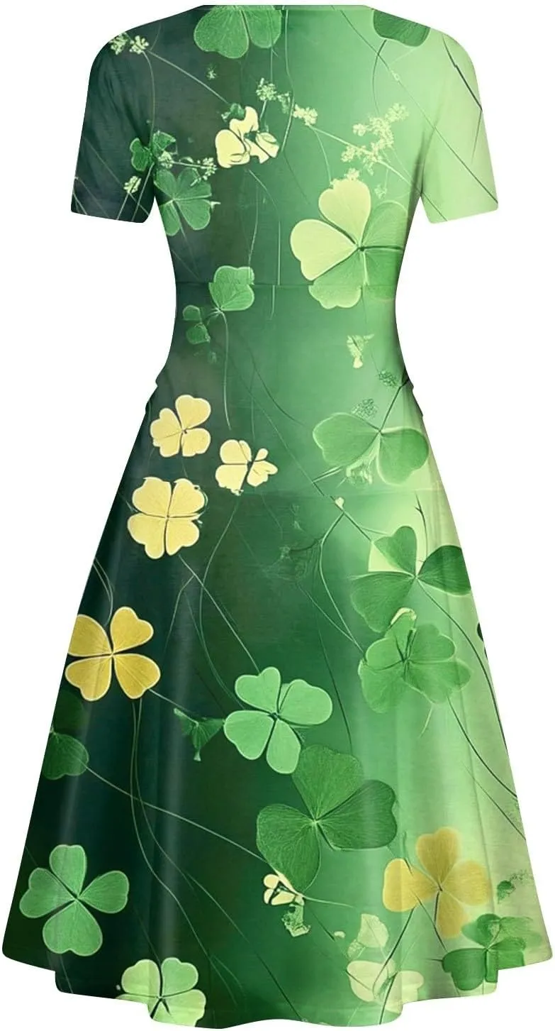 St Patrick's Day Dress Women Loose V Neck Princess Short Sleeve Shamrock Print Pulled Ruffle Waist Drawstring Dresses