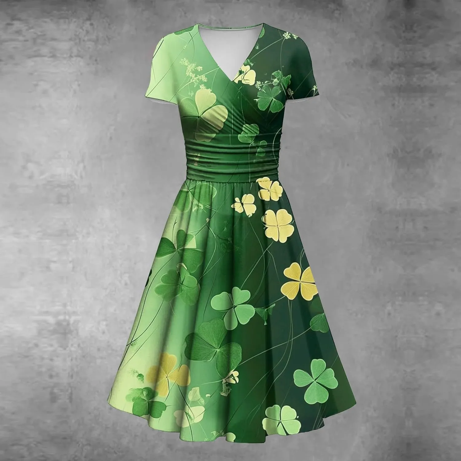 St Patrick's Day Dress Women Loose V Neck Princess Short Sleeve Shamrock Print Pulled Ruffle Waist Drawstring Dresses