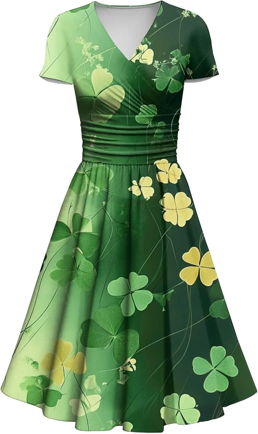St Patrick's Day Dress Women Loose V Neck Princess Short Sleeve Shamrock Print Pulled Ruffle Waist Drawstring Dresses
