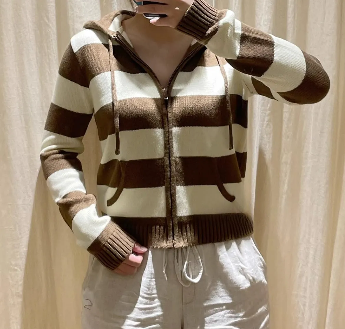 Striped Cropped Zip Up Hoodie Y2k Knit Sweater Cardigan Women Teen Knit Jackets Preppy Grunge Emo Streetwear