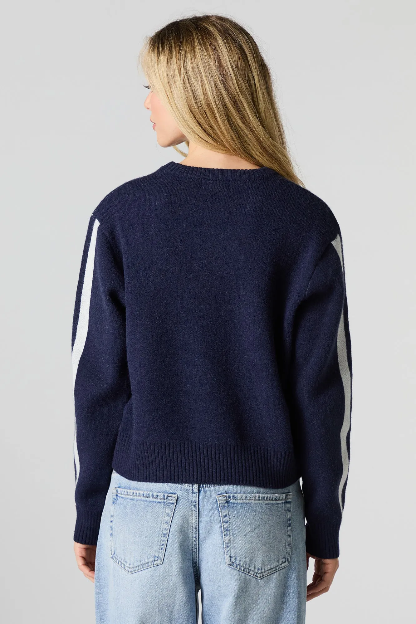 Striped Sleeve Jacquard Knit Sweater
