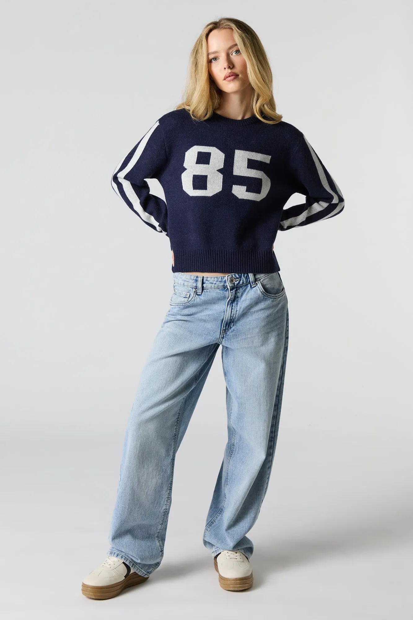 Striped Sleeve Jacquard Knit Sweater