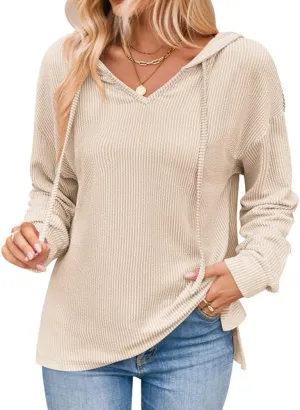 Sumleno 2025 Oversized Hoodies for Women Casual V-Neck Solid Color Long Sleeve Drawstring Sweatshirts Knitted Pullover Tops