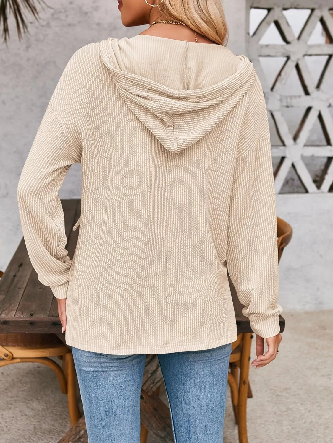 Sumleno 2025 Oversized Hoodies for Women Casual V-Neck Solid Color Long Sleeve Drawstring Sweatshirts Knitted Pullover Tops