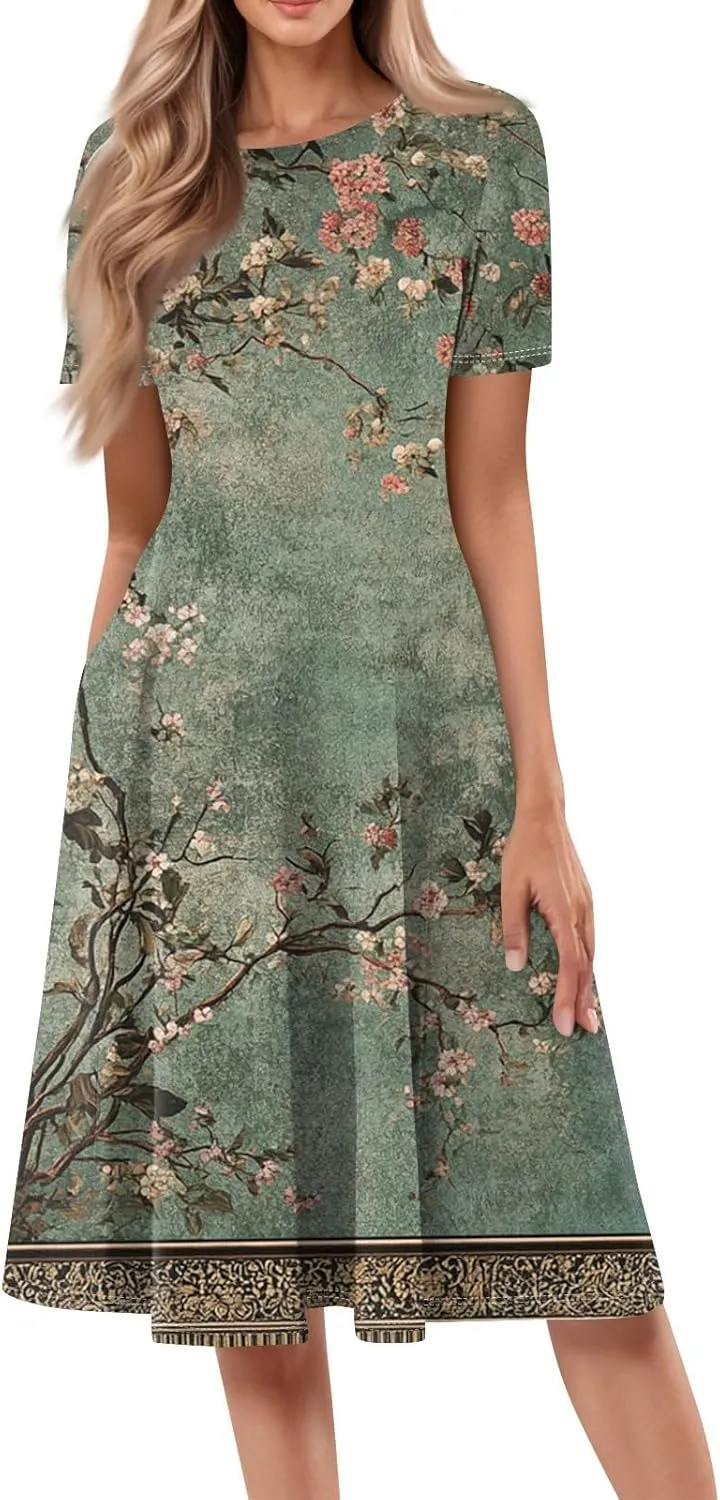 Summer Dresses for Women 2025 Crewneck Short Sleeve Empire Waist A Line Dress Side Pockets Midi Sun Dress Vacation