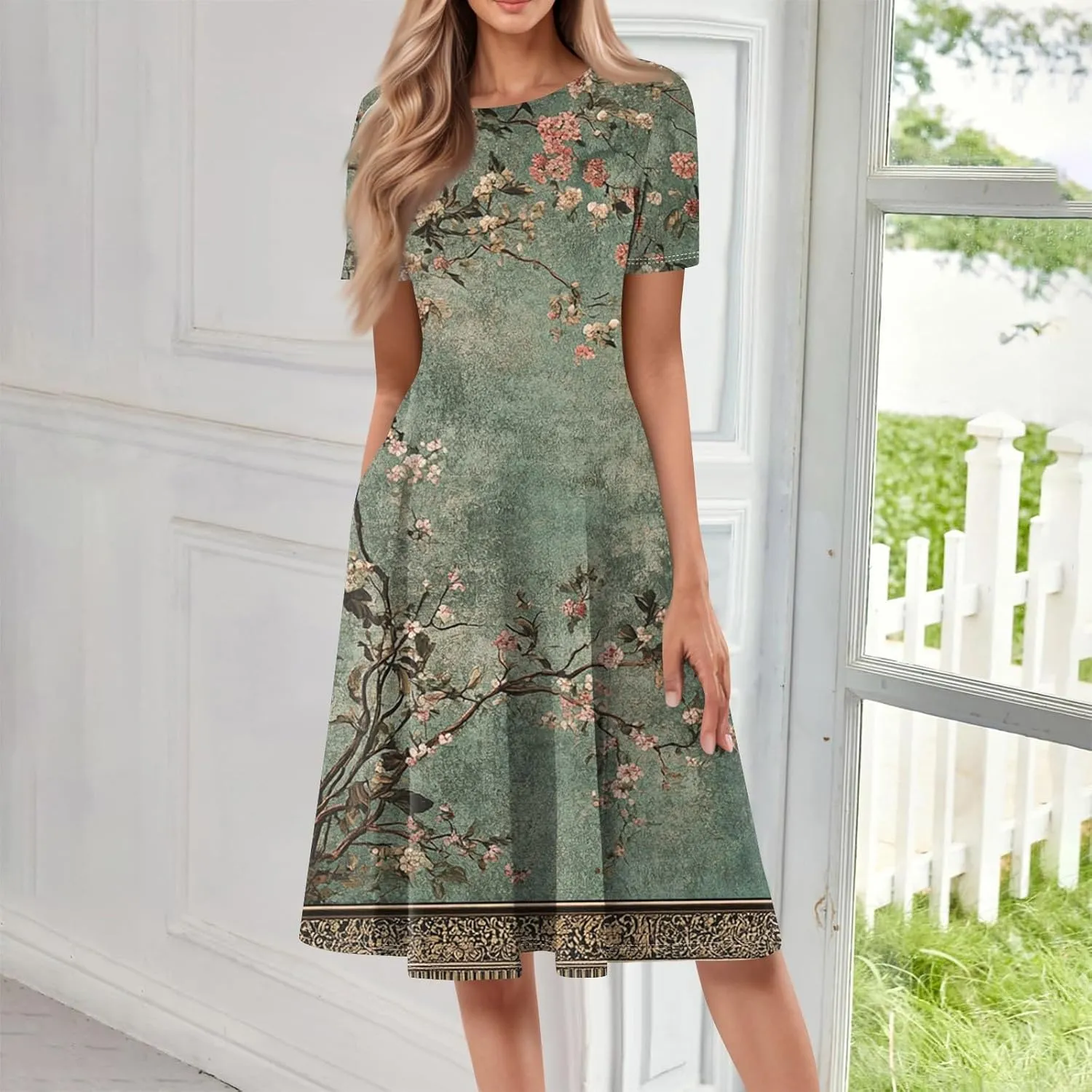 Summer Dresses for Women 2025 Crewneck Short Sleeve Empire Waist A Line Dress Side Pockets Midi Sun Dress Vacation