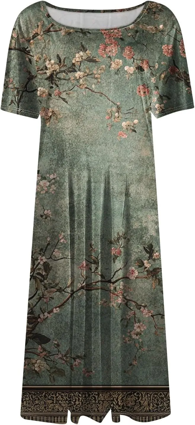 Summer Dresses for Women 2025 Crewneck Short Sleeve Empire Waist A Line Dress Side Pockets Midi Sun Dress Vacation