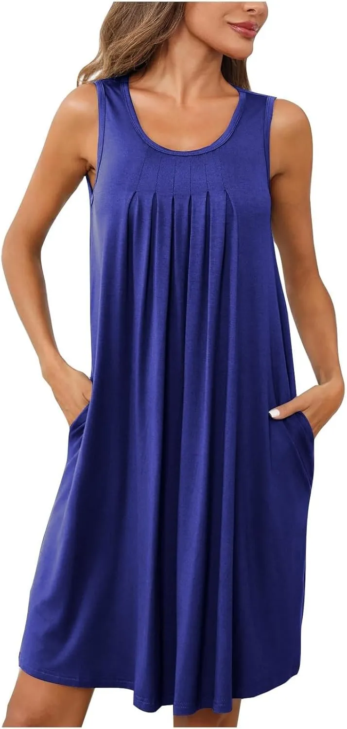 Summer Dresses for Women 2025 Loose Beach Vacation Casual Crew Neck Sleeveless Sundresses with Pockets Tank Dress