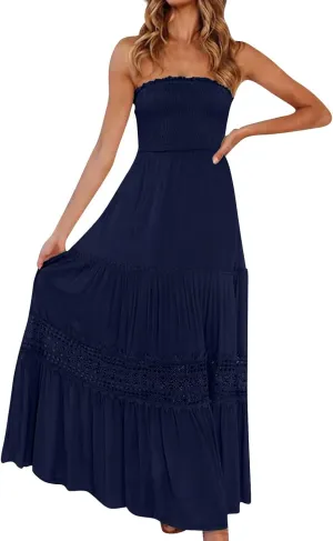 Summer Dresses for Women 2025 Strapless Maxi Dresses Off Shoulder Sleeveless High Waist Solid Color Long Dress