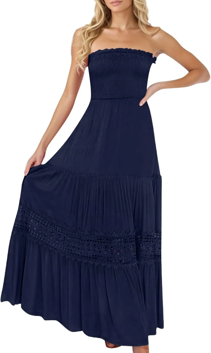 Summer Dresses for Women 2025 Strapless Maxi Dresses Off Shoulder Sleeveless High Waist Solid Color Long Dress
