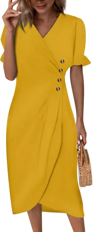 Summer Dresses for Women 2025 Trendy Boho Dress Elegant Beach V Neck Short Sleeve Irregular Hem Midi Sundresses
