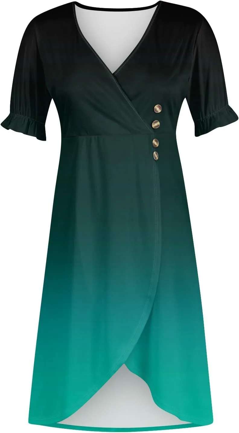 Summer Dresses for Women 2025 Trendy Boho Dress Elegant Beach V Neck Short Sleeve Irregular Hem Midi Sundresses