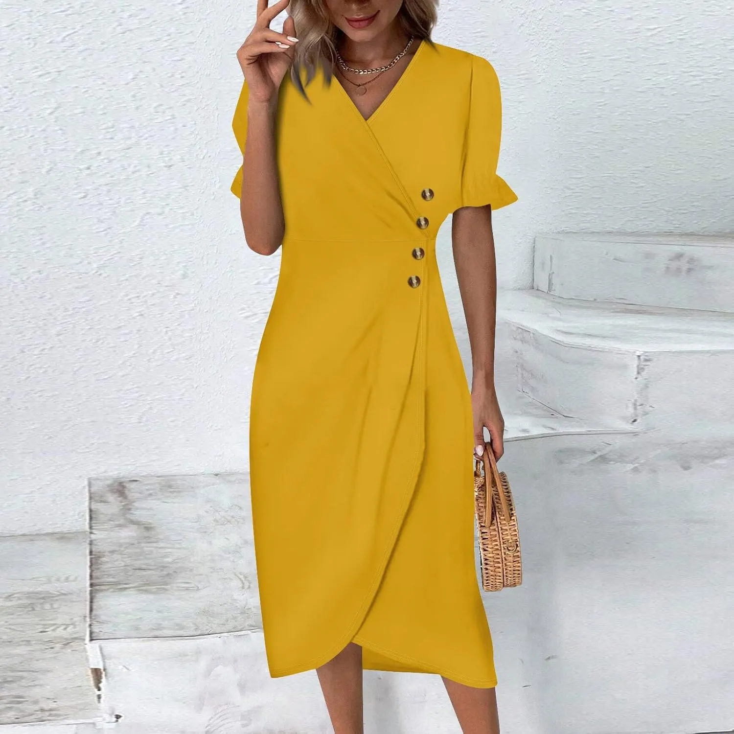 Summer Dresses for Women 2025 Trendy Boho Dress Elegant Beach V Neck Short Sleeve Irregular Hem Midi Sundresses