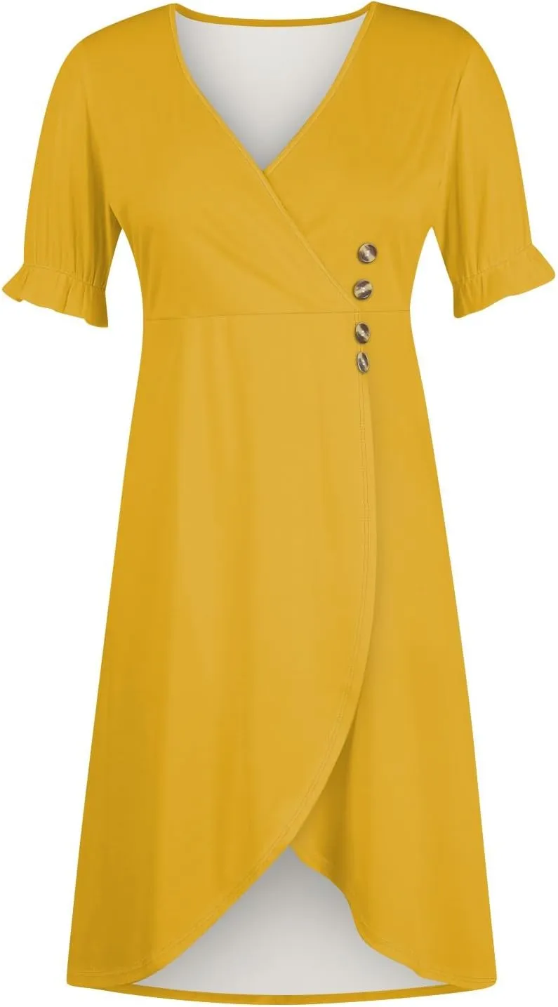 Summer Dresses for Women 2025 Trendy Boho Dress Elegant Beach V Neck Short Sleeve Irregular Hem Midi Sundresses
