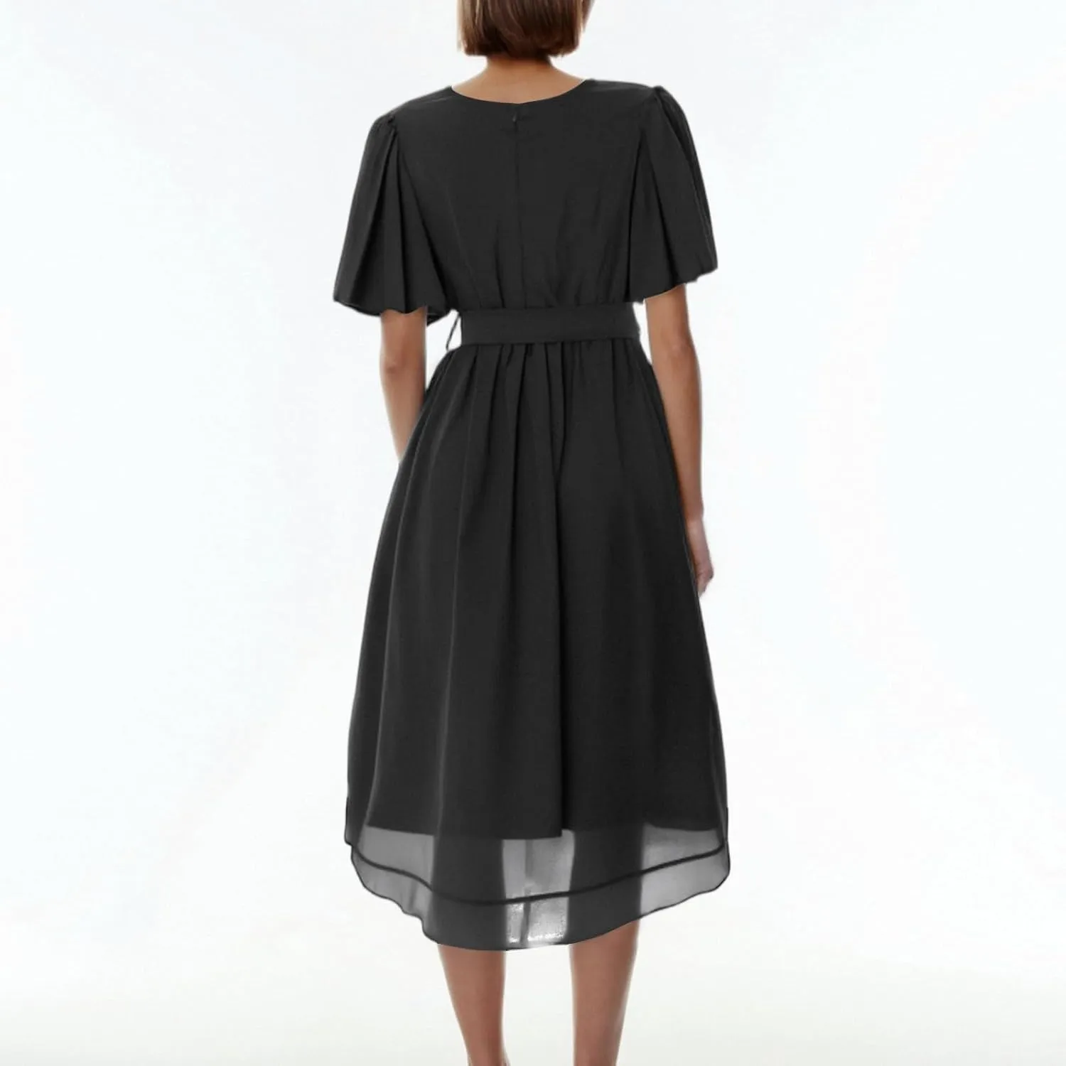 Summer Floral Dresses for Women 2025 Midi Wedding Guest Dress Chiffon Dresses V Neck Short Sleeve Tie Waist Ruffled Hem