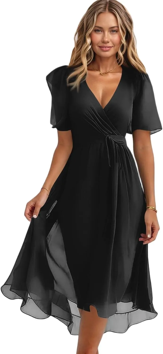 Summer Floral Dresses for Women 2025 Midi Wedding Guest Dress Chiffon Dresses V Neck Short Sleeve Tie Waist Ruffled Hem