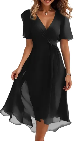 Summer Floral Dresses for Women 2025 Midi Wedding Guest Dress Chiffon Dresses V Neck Short Sleeve Tie Waist Ruffled Hem