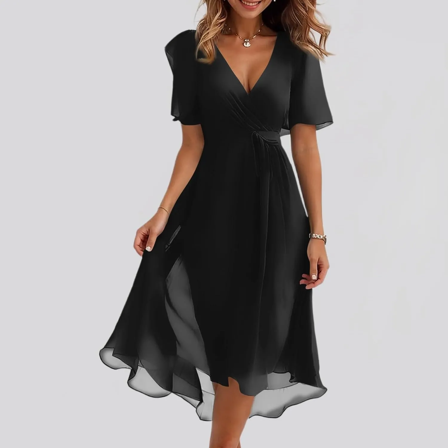 Summer Floral Dresses for Women 2025 Midi Wedding Guest Dress Chiffon Dresses V Neck Short Sleeve Tie Waist Ruffled Hem